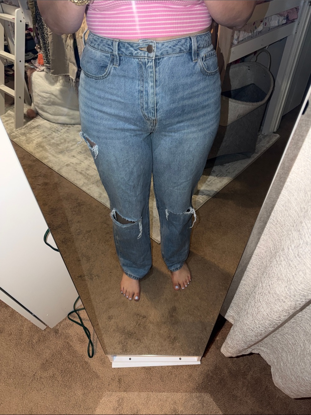 Fashion Nova Light Blue High-Rise Straight Leg Distressed Jeans